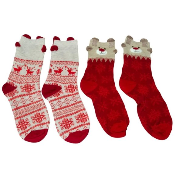 2 Pairs Christmas Adult Mid-Calf Cozy Snowflake & Reindeer Bear Design Socks NEW - Picture 2 of 7